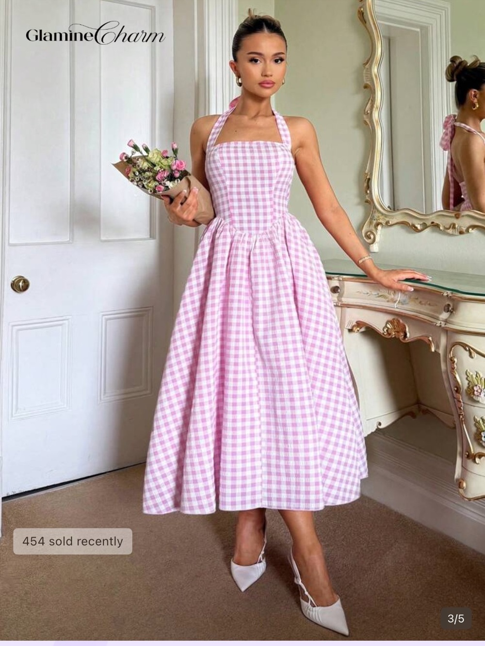 SHEIN Pink Gingham Halter Midi Dress